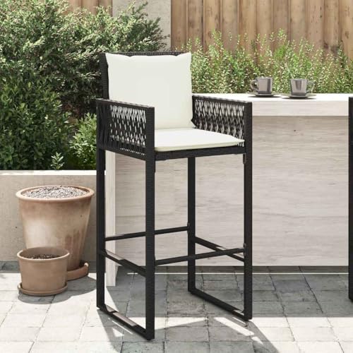 HANJIEFACAI Garten-Barhocker mit Kissen 2 STK. Schwarz Poly Rattan Outdoor Chair Balkonstuhl Terrassenstühle Stühle Garten für Hof Schlafraum Park Balkon von HANJIEFACAI
