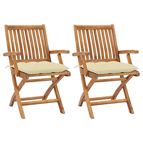 HANJIEFACAI Gartenstühle 2 STK. mit Cremeweißen Kissen Massivholz Teak Gartensessel Outdoor Gartenstuhl Terrassenstühle Garden Chair für Hof Camping Park Schlafraum von HANJIEFACAI