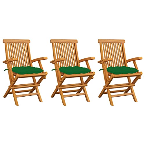 HANJIEFACAI Gartenstühle mit Grünen Kissen 3 STK. Massivholz Teak Stühle Balkon Gartenstuhl Terrassenstühle Stühle für Park Balkon Camping Hof von HANJIEFACAI