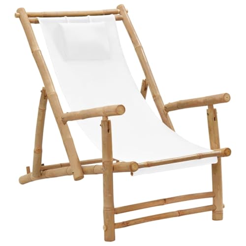 HANJIEFACAI Liegestuhl Bambus und Canvas Cremeweiß Stuhl Garten Gartenstuhl Balkonstuhl Outdoor Chair für Camping Balkon Schlafraum Hof von HANJIEFACAI