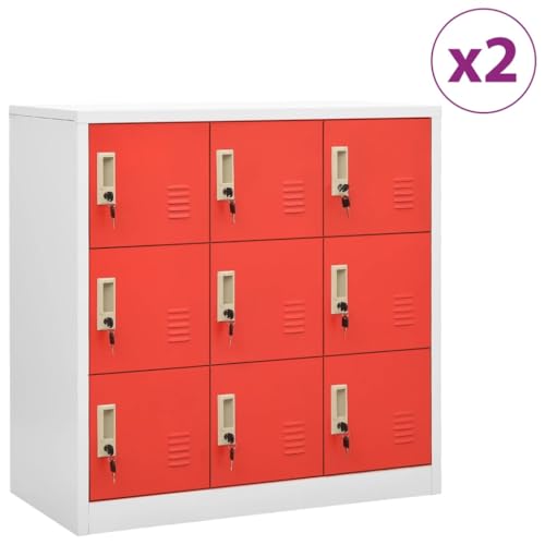 HANJIEFACAI Schließfachschrank 2er Set Stahlschrank mit 9 Fächern und Schloss für Schule Büro Lagerung 90x45x92,5cm Hellgrau Rot Sicherheitsspind von HANJIEFACAI