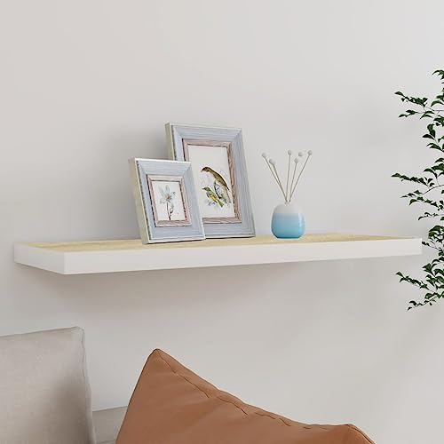 HANJIEFACAI Schweberegal Floating Shelf Eichen-Optik und Weiß 80x23,5x3,8 cm MDF Board with Invisible Mounting System for Living Room Bedroom Decor Display Books Awards von HANJIEFACAI