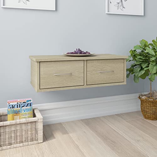 HANJIEFACAI Wall Mounted Drawer Shelf Sonoma Oak 60x26x18.5 cm Wood Material Storage Cabinet with 2 Drawers for Living Room Hallway Bathroom Makeup Area 50kg Capacity von HANJIEFACAI
