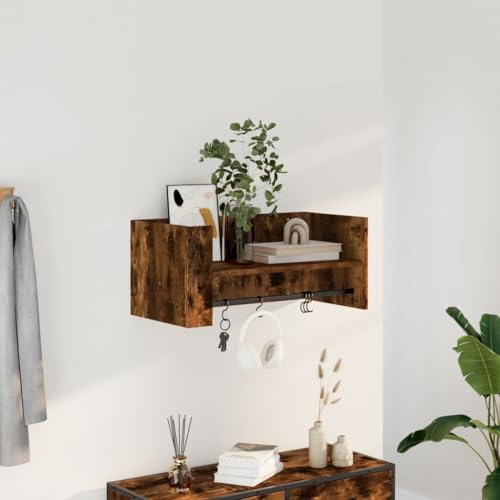 HANJIEFACAI Wandregal Räuchereiche Floating Shelf Wall Mounted Storage Organizer with Hanging Rod 70.5x35x30.5 cm Holzwerkstoff for Living Room Bedroom Kitchen Space Saving Modern Design von HANJIEFACAI