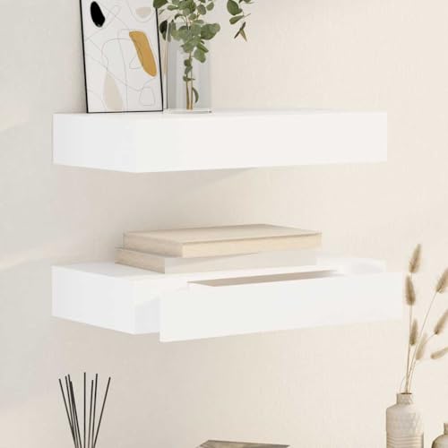 HANJIEFACAI White Floating Wall Shelf with Drawers 2-Pack 48 cm Modern Storage Solution for Living Room Bedroom Office Organizer Books Decor Display Unit von HANJIEFACAI