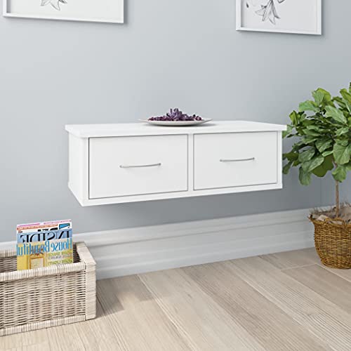 HANJIEFACAI White Wall Mounted Floating Shelf with 2 Drawers 60x26x18.5 cm for Living Room Bedroom Storage Organizer Modern Wooden Cabinet Display Unit von HANJIEFACAI