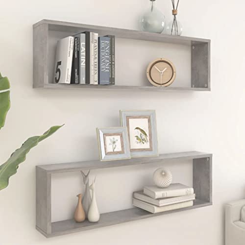 HANJIEFACAI Würfelregale 2 STK. Betongrau 100x15x30 cm Holzwerkstoff, Modern Cube Wall Shelves Set for Living Room Bedroom Decor, Storage Display Organizer for Books Plants Decoration Items von HANJIEFACAI