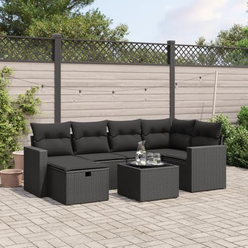 HANJIEFACAI gartenmöbel Set balkonmöbel Balkon sitzgruppeGartensofa 2-Sitzer mit Hockern Schwarz Poly RattanGeeignet für Gartenterrassen von HANJIEFACAI
