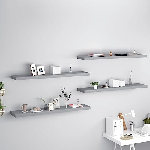 Schwebende Wandregale 4 Stück Grau 120x23,5x3,8 cm MDF Unsichtbares Montagesystem Wandregal Set Wohnzimmer Dekoration Bücherregal Ausstellungsregal von HANJIEFACAI