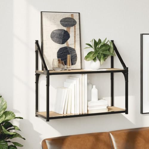 Wandregal 2 Fächer Sonoma-Eiche Holzwerkstoff 60x21x51 cm Wall Shelf with 2 Shelves for Living Room Bedroom Bathroom Office Space Saving Storage Solution von HANJIEFACAI