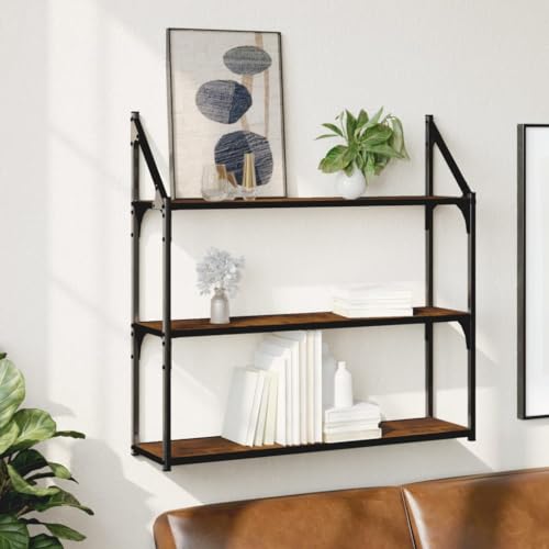 Wandregal 3 Fächer Räuchereiche Floating Shelf 80x21x78,5 cm Holzwerkstoff Wall Mounted Storage for Living Room Bedroom Bathroom Office Space Saving Organizer von HANJIEFACAI
