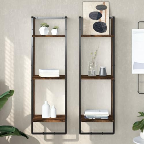 Wandregal 3 Fächer Schweberegal Räuchereiche Holzwerkstoff 30x25x100 cm Wandregal Set Deko Aufbewahrung Wohnzimmer Küche Bad von HANJIEFACAI