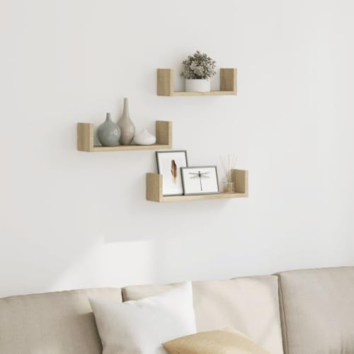 Wandregal 3 STK. Sonoma-Eiche Holzwerkstoff Wall Shelf Set for Living Room Bedroom Kitchen Storage Organizer with Durable Moisture Resistant Easy Clean Surface von HANJIEFACAI