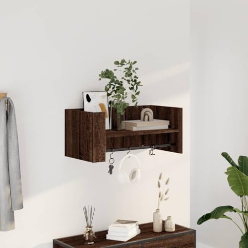 Wandregal Braun Eichen-Optik 70,5x35x30,5 cm Holzwerkstoff Floating Shelf Wall Storage Organizer for Living Room Bedroom Bathroom with Hanging Rod von HANJIEFACAI