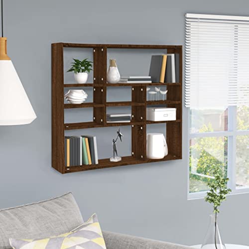 Wandregal Braun Eichen-Optik 90x16x78 cm Holzwerkstoff Wall Shelf with 10 Compartments for Living Room Bedroom Office Storage Books Display Decor von HANJIEFACAI