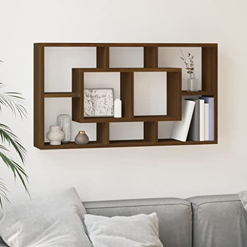 Wandregal mit 8 Fächern Braun Eichen-Optik Holzregal Wandregal Bücherregal Aufbewahrungsregal mit unsichtbarer Montage für Bücher Pflanzen Deko Wohnzimmer Schlafzimmer von HANJIEFACAI
