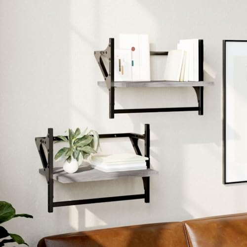 Wandregal mit Stange 2er Set Grau Sonoma 40x25x30 cm Holzwerkstoff Metall Wandregale Stauraum Deko Wohnzimmer Küche Badezimmer von HANJIEFACAI