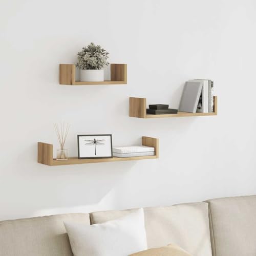 Wandregale 3 STK. Artisan-Eiche Holzwerkstoff Wall Shelves Set with 40kg Load Capacity for Living Room Bedroom Kitchen Storage Organization Decor von HANJIEFACAI