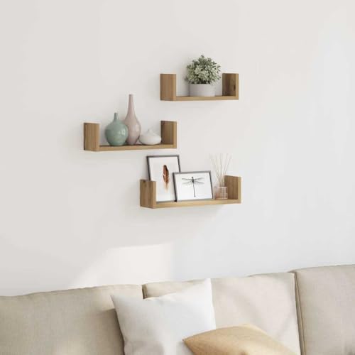 Wandregale 3 STK. Artisan-Eiche Holzwerkstoff Wall Shelves Set with Extra Storage Space, Durable Moisture Resistant Floating Shelves for Living Room Bedroom Kitchen Bathroom Home Decor Organization von HANJIEFACAI