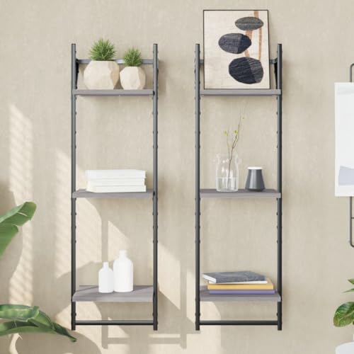 Wandregale Set 2 STK Grau Sonoma mit 3 Ablagen & Stangen, Holzwerkstoff Wandregal für Wohnzimmer Küche Bad, Stauraum Regal für Deko Bücher Handtücher, Montage an Wand von HANJIEFACAI
