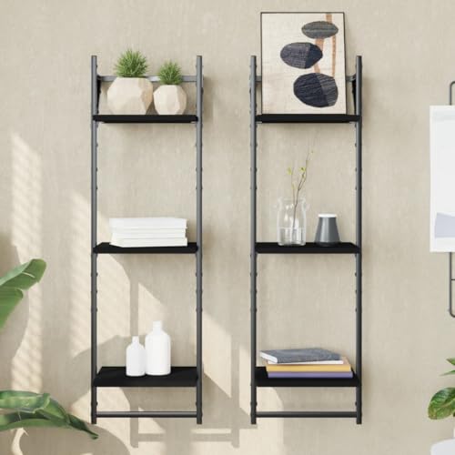 Wandregale Set 2 Stück Schwarz 30x25x100 cm mit 3 Ablagen & Stangen, Wandregal Holzwerkstoff Metall für Wohnzimmer Küche Bad, Stauraum Lösung Deko Aufbewahrung von HANJIEFACAI