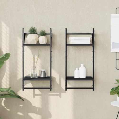 Wandregale Set 2 Stück Schwarz 30x25x65 cm mit 2 Ablagen & Stangen für Wohnzimmer Küche Bad, Wandmontage Holzwerkstoff Regal Stauraum Lösung Deko Aufbewahrung von HANJIEFACAI