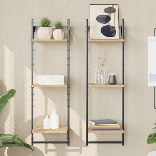 Wandregale mit 3 Ablagen & Stangen 2 STK. Sonoma Eiche Holzwerkstoff Regal Set Wandmontage Stauraum Deko Wohnzimmer Küche von HANJIEFACAI
