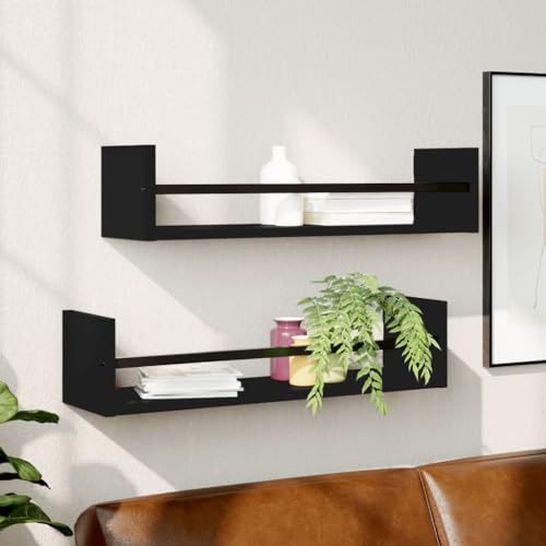 Wandregale mit Stangen 2 STK Schwarz 60x16x14 cm Holzwerkstoff Regalbrett Wandaufbewahrung Badezimmer Küche Wohnzimmer Stauraum Erweiterung Stahlstange Handtuchhalter von HANJIEFACAI