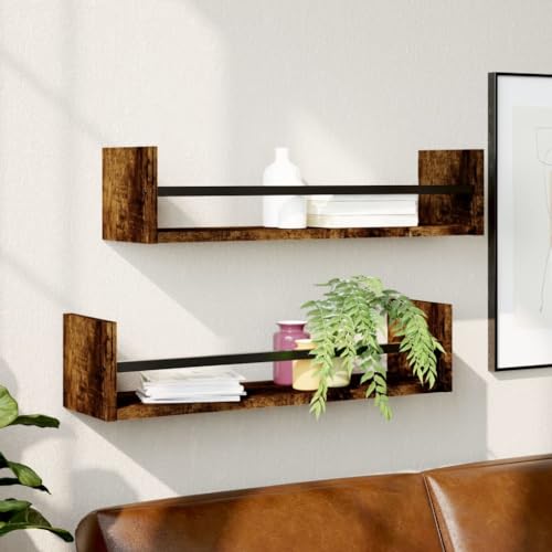Wandregale mit Stangen 2 STK. Räuchereiche 60x16x14 cm, Wall Shelves with Bars, Floating Shelves Storage Organizer for Kitchen Bathroom Living Room, Smoked Oak Finish, Modern Space Saving Design von HANJIEFACAI