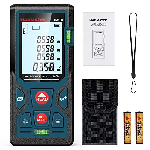 Entfernungsmesser, HANMATEK LM100 100M Digitales Laser Entfernungsmesse mit LCD Hintergrundbeleuchtung M/In/Ft mit Mehreren Messmodi wie Pythagoras/Abstand/Fläche/Volumen Messungen,IP54 von HANMATEK