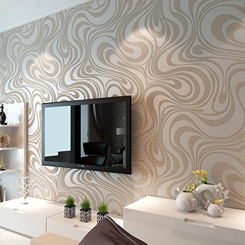 Europa HANMERO?moderne Vliestapete Curve Dual-Version Schaum Sonne Gold Umweltfreundlichkeit Mustertapete 8.4m*0.7m hell braun&beige-wei? f¨¹r Fernsehhintergrund, Wohnzimmer, Schlafzimmer, Sofahintergrund, Hotel von HANMERO