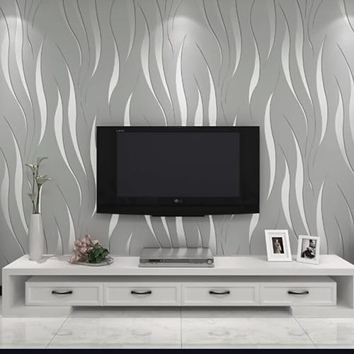 International Wallpaper Moderne, minimalistische Vliestapete mit Wasserpflanzen-Muster, 3D-Wellen, geprägte Tapetenrolle, 0,53 m x 10 m = 5,3 m², QZ0149, silberfarben und Grau von HANMERO