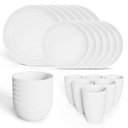 Hanmfei Kunststoff-Geschirr-Set für 6, Kunststoff-Teller und Schüsseln, unzerbrechliches Geschirr für Küche, Camping, Wohnmobil, Weiß von HANMFEI