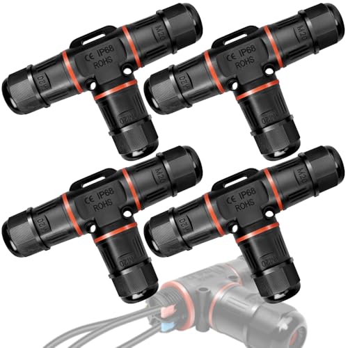 Kabelverbinder Wasserdicht 3 Polig, IP68 Klemmleiste Kabelmuffe für Ø3-12 mm, Erdkabel Verbinder T-Form Verteilerdose Außen für Outdoor 4 Stück von HANMONY
