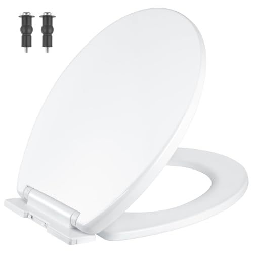 Hanra WC-Sitz mit Absenkautomatik und Schnellverschluss für einfache Reinigung, einfache Befestigung oben, Standard-Toilettensitz, ovale Form, Weiß mit verstellbaren Scharnieren, 430 L x 355 W von HANRA