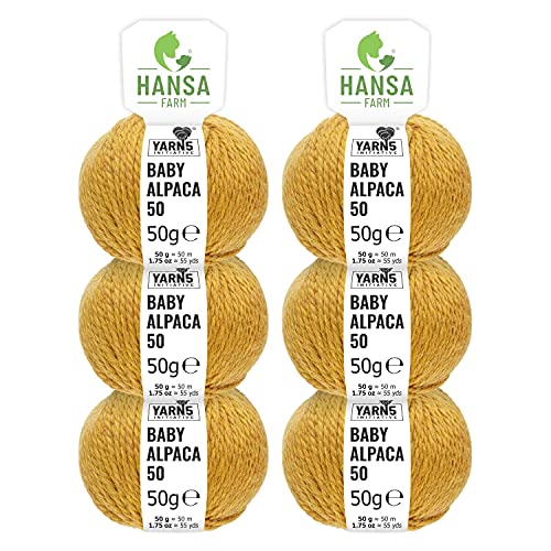 HANSA-FARM | 100% Baby Alpakawolle in 50+ Farben (kratzfrei) - 300g Set (6 x 50g) - weiche Alpaka Wolle zum Stricken & Häkeln in 6 Garnstärken by Hansa-Farm - Senfgelb Heather (Gelb) von HANSA-FARM