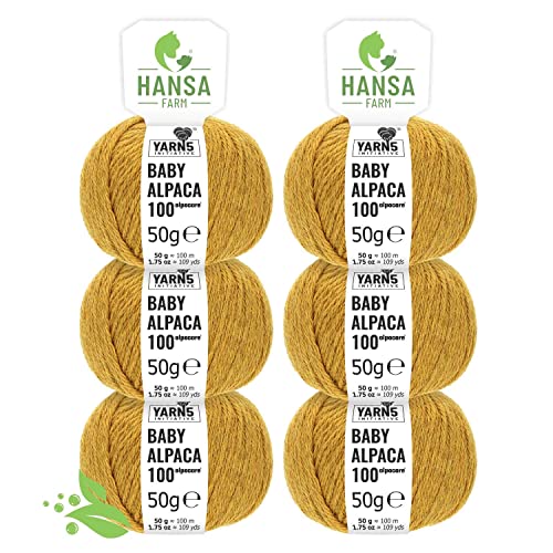 HANSA-FARM | Alpacare 100% waschbare Baby Alpakawolle in 25 Farben - 300 Set DK (6 x 50g) - Die 1. maschinenwaschbare 100% Alpaca Wolle - kratzfreie Alpaka Wolle zum Stricken & Häkeln - Senfgelb von HANSA-FARM