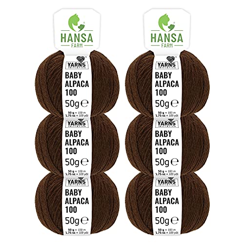 HANSA-FARM | 100% Baby Alpakawolle in 50+ Farben (kratzfrei) - 300g Set (6 x 50g) - weiche Alpaka Wolle zum Stricken & Häkeln in 6 Garnstärken by Hansa-Farm - Schoko (Dunkel-Braun) von HANSA-FARM