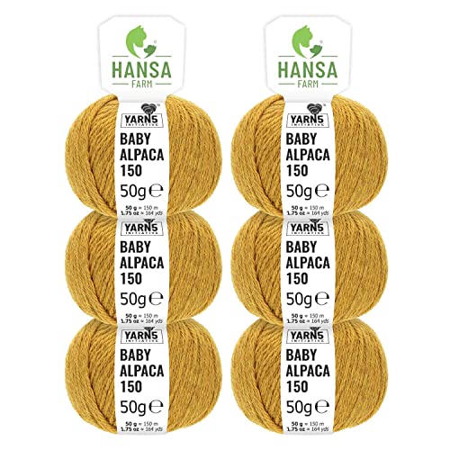 HANSA-FARM | 100% Baby Alpakawolle in 50+ Farben (kratzfrei) - 300g Set (6 x 50g) - weiche Alpaka Wolle zum Stricken & Häkeln in 6 Garnstärken by Hansa-Farm - Senfgelb Heather (Gelb) von HANSA-FARM