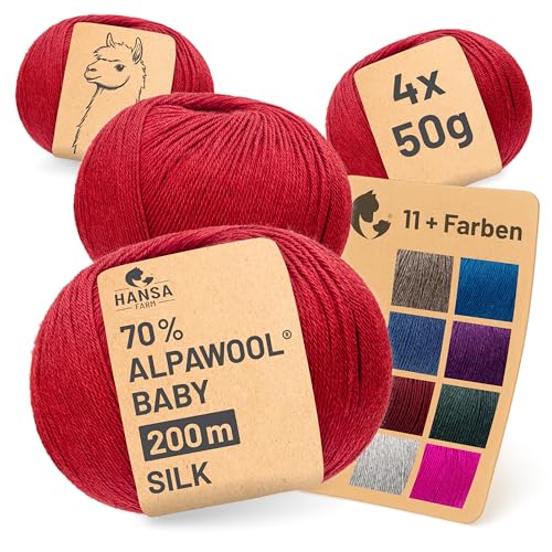 HANSA-FARM |Alpawool 70% Baby Alpaka mit 30% Seide 200g Set (4 x 50g) seidige und kratzfreie Wolle zum Stricken & Häkeln - CF177 Rot von HANSA-FARM