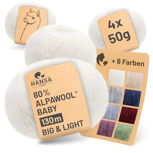 HANSA-FARM |Alpawool 80% Baby Alpaka Big & Light 200g Set (4 x 50g) leichte und kratzfreie Wolle zum Stricken & Häkeln - NFA01 Natur von HANSA-FARM