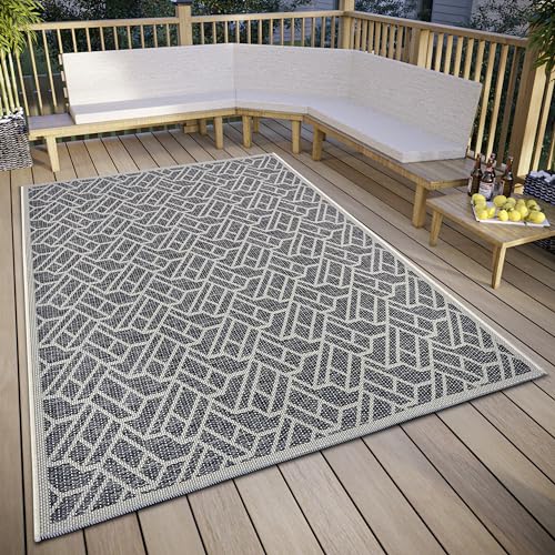 Hanse Home Eru In- & Outdoor Teppich Wetterfest – Modernes Zickzack Muster, Wasserfest robuster Aussenteppich Flachgewebe für Garten, Balkon, Terrasse, Wohnzimmer – Grau Beige, 155x235cm von Hanse Home