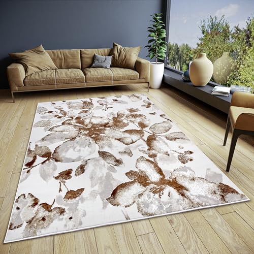 Hanse Home Floral Teppich Wohnzimmer – Kurzflor Wohnzimmerteppich im Blumen Muster, Florales Design Läufer für Schlafzimmer, Esszimmer, Wohnzimmer, Flur, Küche – Weiß Braun, 160x235cm von Hanse Home