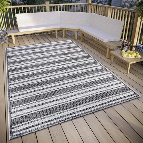 Hanse Home Temu In- & Outdoor Teppich Wetterfest – Modernes Streifen Muster, Wasserfest robuster Aussenteppich Flachgewebe für Garten, Balkon, Terrasse, Wohnzimmer – Grau Beige, 115x170cm von Hanse Home