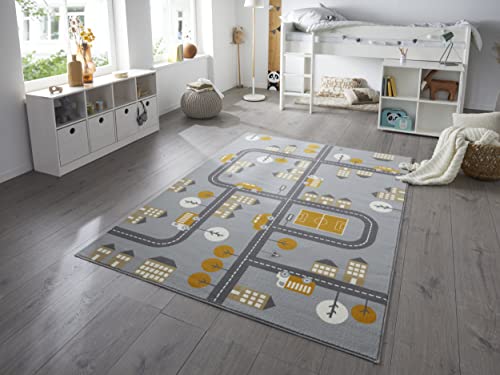 Hanse Home Teppich Kinderzimmer Kinderteppich Town – Junge Mädchen Spielteppich Kurzflor Teppich Modern Spielstraße Straßenmotiv, Weicher Flor, Pflegeleicht - Mouse Senfgelb, 120x170 von Hanse Home