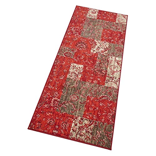 Hanse Home Teppich Kirie – Patchwork Teppich Kurzflor Modern Vintage Design Teppiche für Esszimmer, Wohnzimmer, Kinderzimmer, Flur, Schlafzimmer, Küche – Rot Braun 80x250cm von Hanse Home