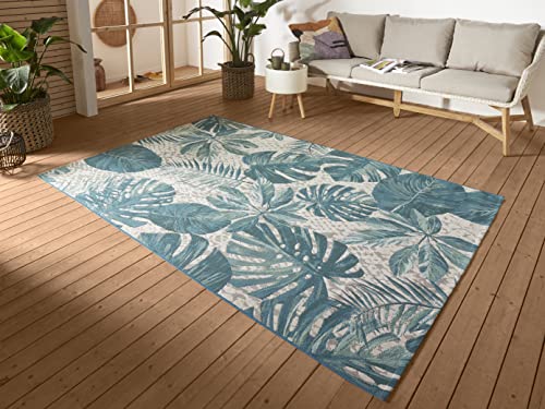 Hanse Home Tropical Leaves In- & Outdoor Teppich – Flachgewebe Aussenteppich, Jungel Palmen Blätter Design, ÖKO-TEX Wetterfest & UV-beständig für Balkon, Terrasse, Garten – Türkis, 120x180cm von Hanse Home