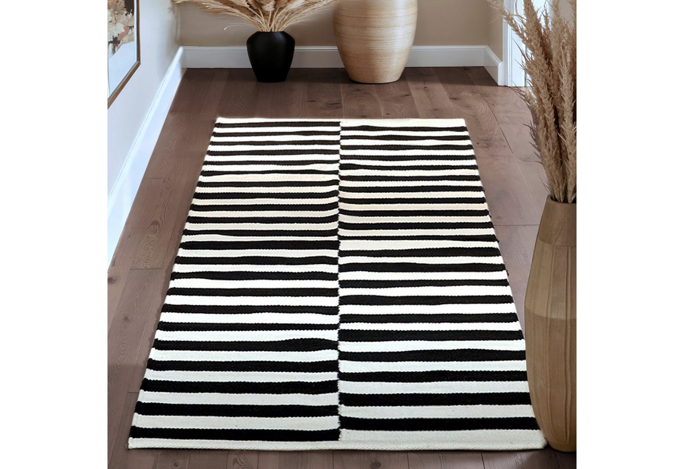 HANSE Home Wollteppich Donna, schwarz-weiss, rechteckig, Höhe: 5 mm, Handgewebt, Wolle, Natur, Läufer, Wohnzimmer, Schlafzimmer, Streifen von HANSE Home