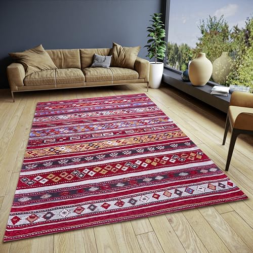 Hanse Home Yara Design Teppich Boho – Flachgewebe Boho-Style, Anti-Rutsch Unterseite, Vintage Design hochwertig gewebt für Wohnzimmer, Schlafzimmer, Esszimmer, Flur – Dunkelrot Multifarben, 120x180cm von Hanse Home