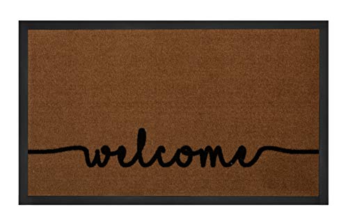 Hanse Home Printy Fußmatte für Innen und Außen 45x75cm -Schmutzfangmatte Türmatte Cozy Welcome mit Schriftzug Waschbar & Wetterfest, rutschfest für Eingangsbereich & Außenbereich –Hellbraun Anthrazit von Hanse Home